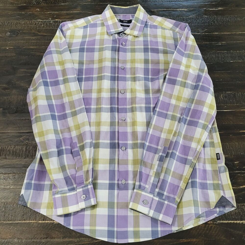 BOSS Hugo Boss Men’s Lucas_11 Slim Fit Plaid Long Sleeve Button-Up Shirt Large
